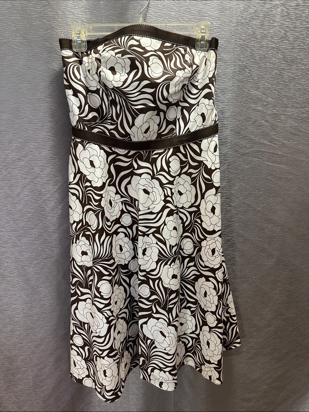 Ann Taylor Strapless Floral Fit-and-Flare Dress in Brown and White